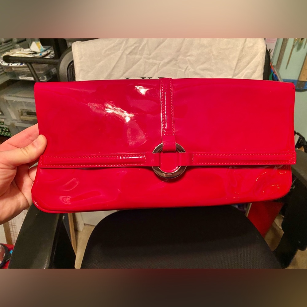 L.K. BENNETT LONDON CU/BALLINA RED PATENT LEATHER CLUTCH